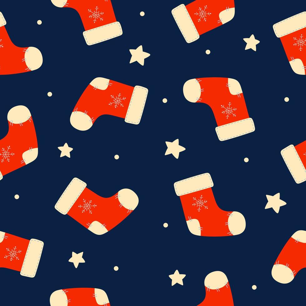 Seamless pattern of red Christmas socks and white stars on blue background. Christmas winter background. vector