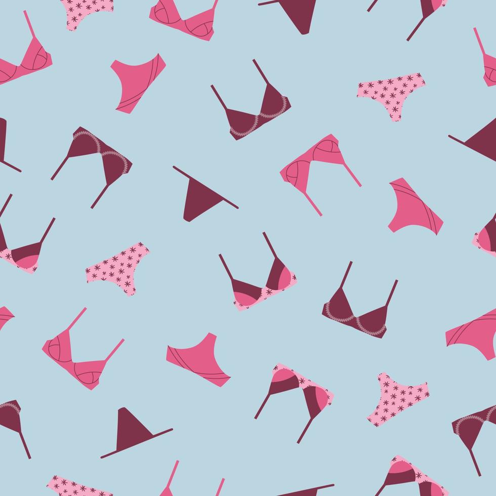 Seamless pattern of lingerie in pink colors on blue background. Female underwear, lingerie background. Panties, bikinis and bras. vector