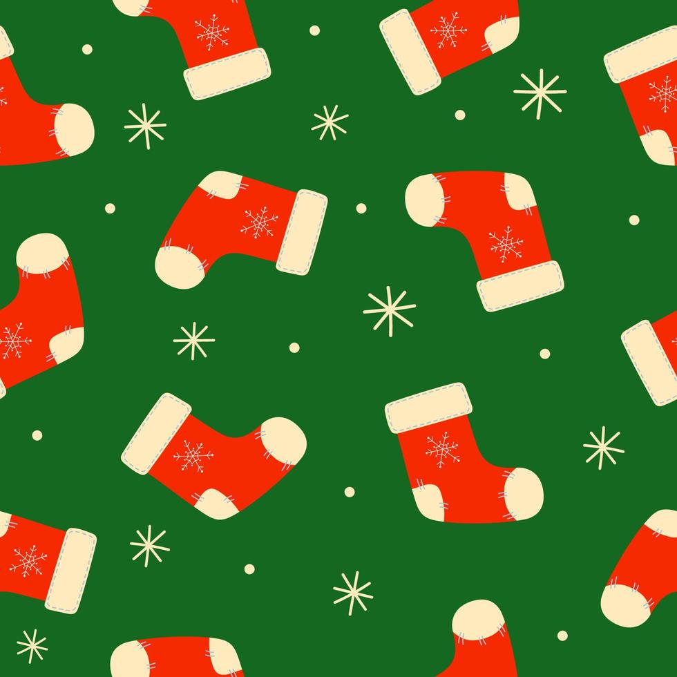 Patrón sin fisuras de calcetines de Navidad rojos y copos de nieve blancos sobre fondo verde. Fondo de invierno de Navidad. vector