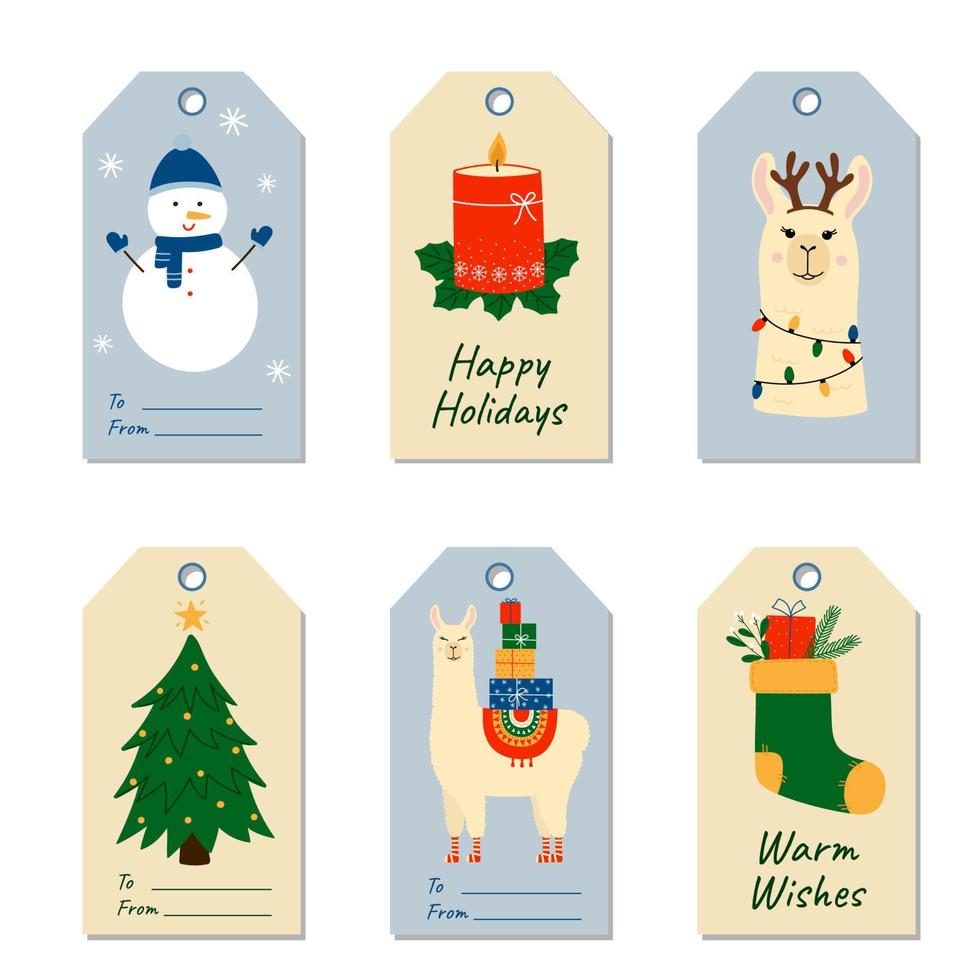 Set of colorful Christmas and holidays gift tags. Labels with cute llama, snowman, Christmas tree. vector