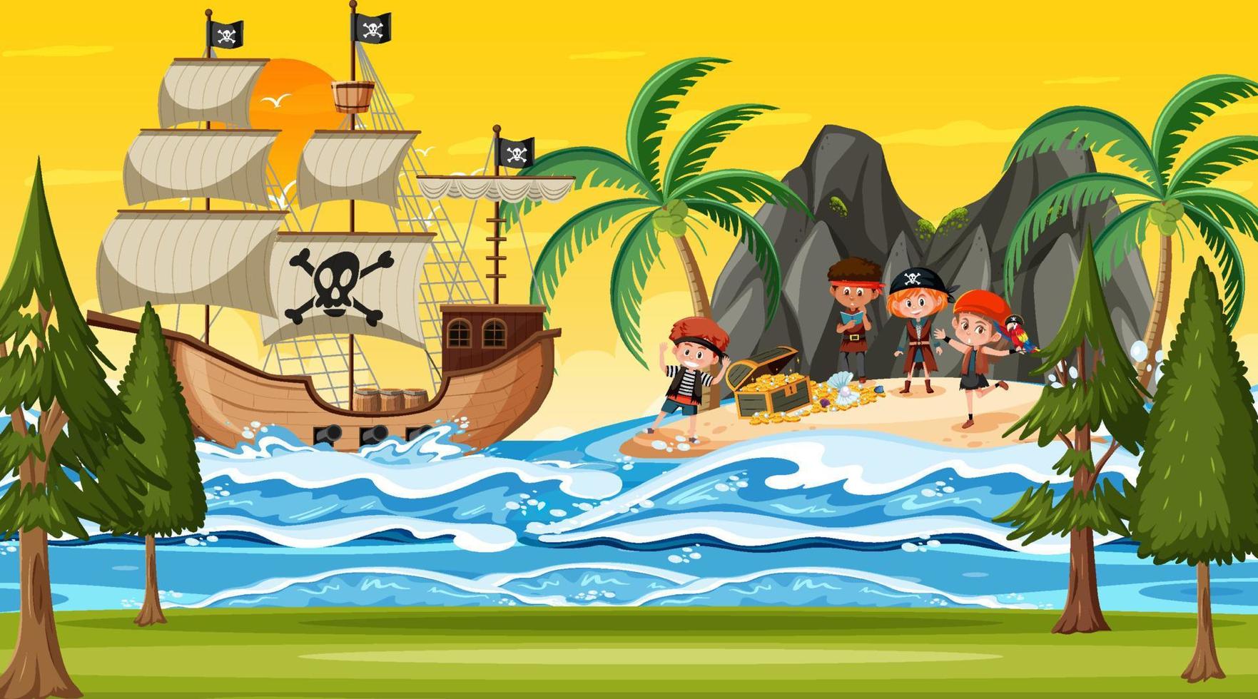 escena de la isla del tesoro al atardecer con niños piratas vector