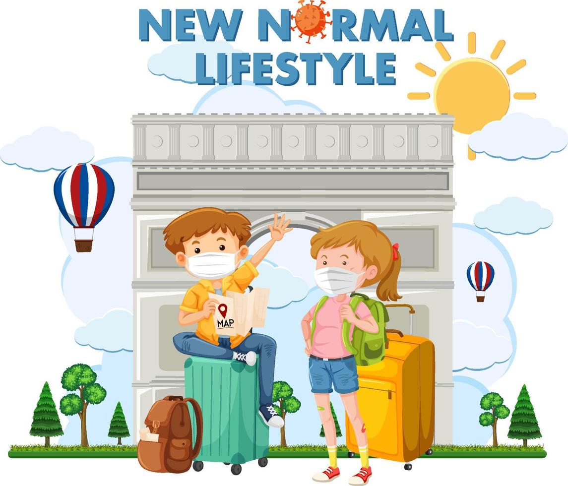 New normal lifestyle logo with couple tourist wearing mask vector