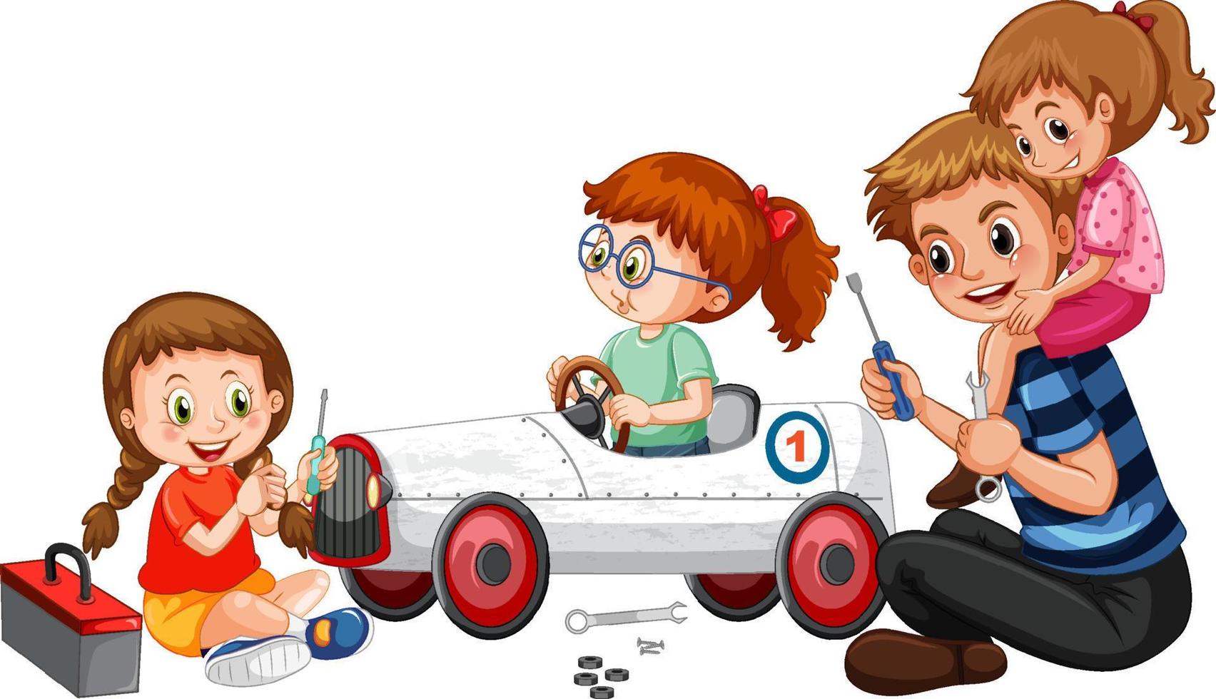 niños reparando un coche juntos vector