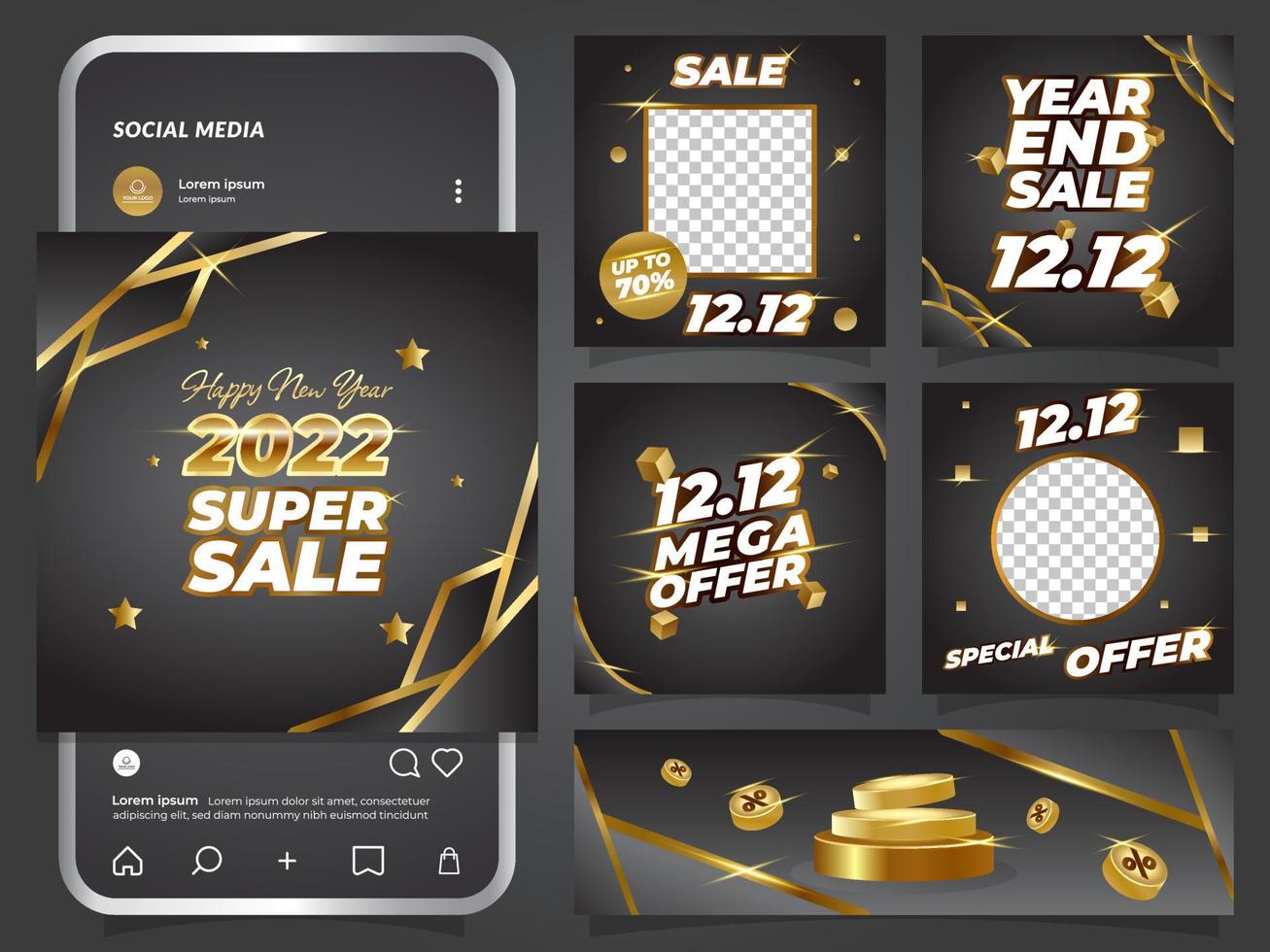 Social media post 12.12 Shopping festival sale with gold element vector