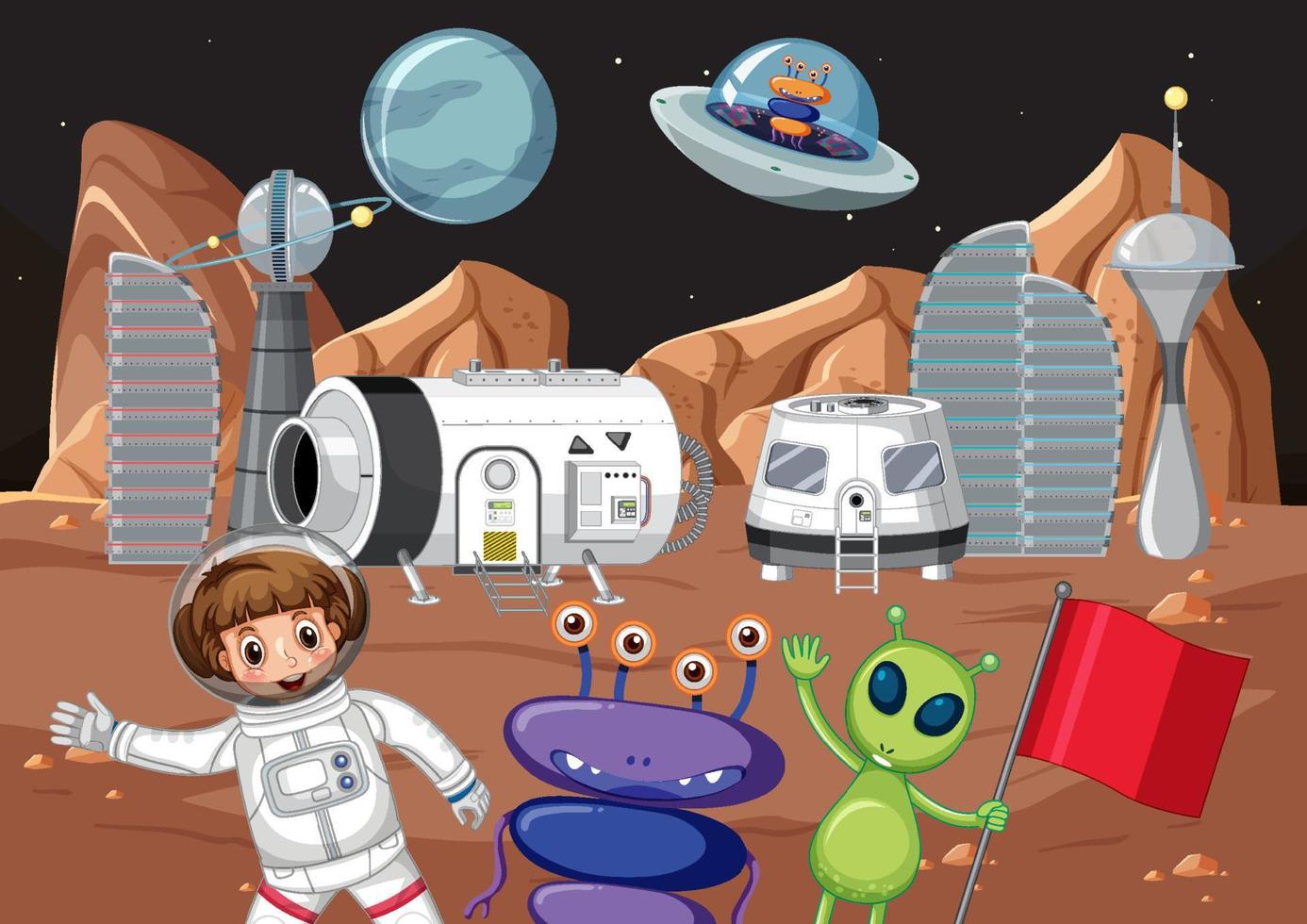 Astronaut and aliens on planet vector