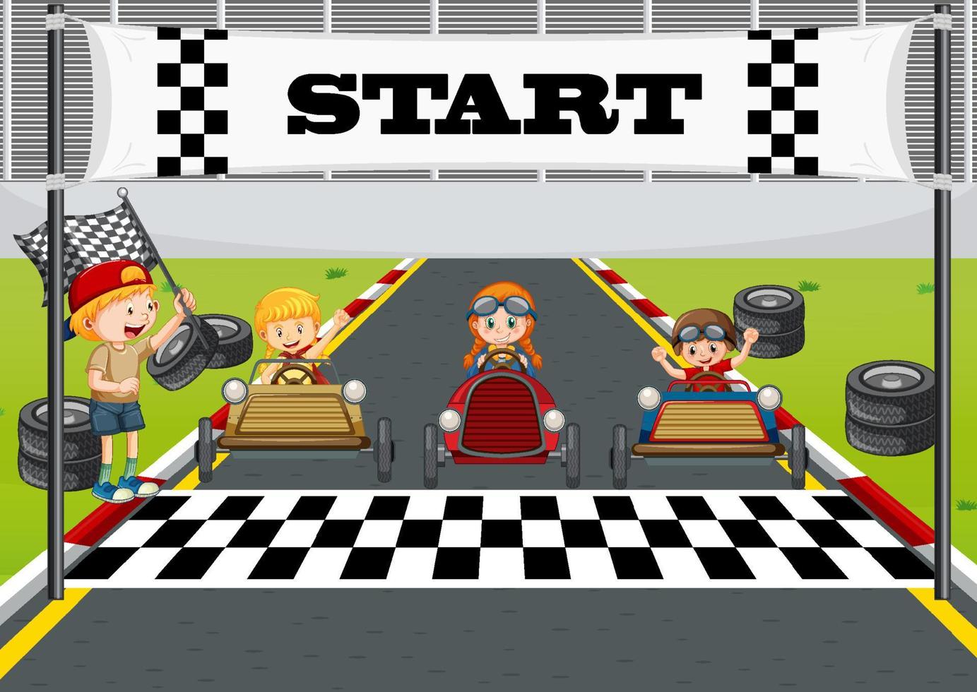 Soapbox derby scene with children racing car vector