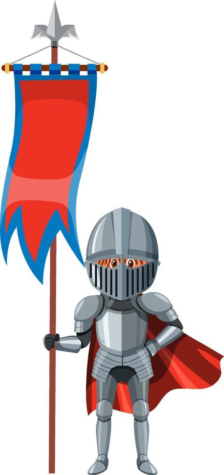 Caballero medieval sosteniendo la bandera sobre fondo blanco. vector