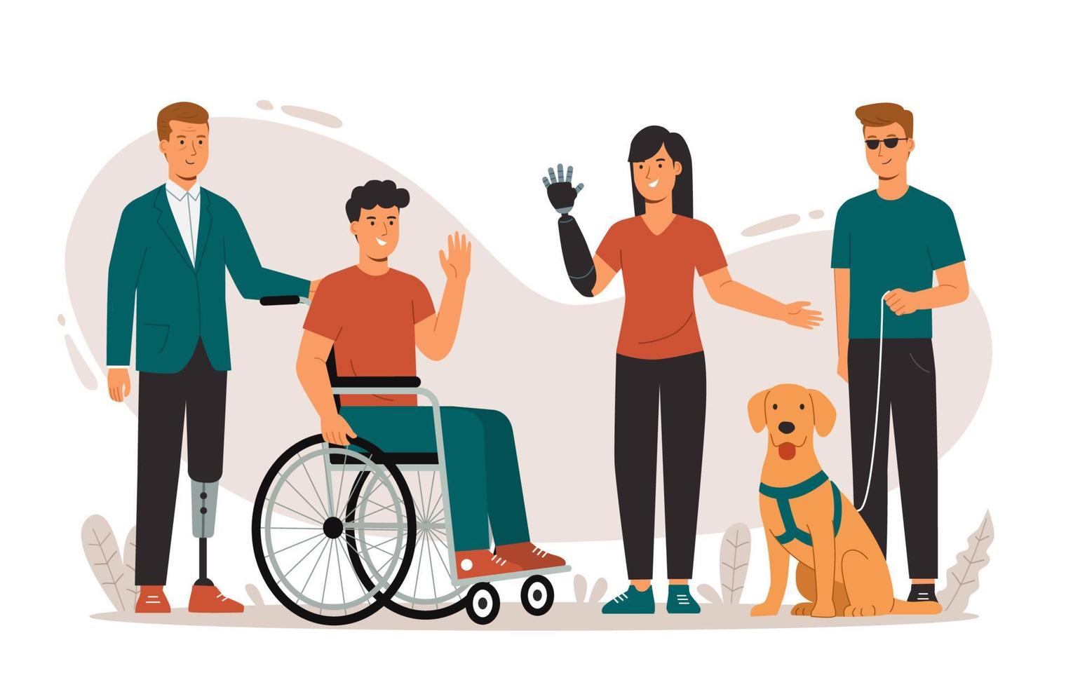 Disabled People Character with Special Needs, Wheelchair and Prosthetic Limbs vector