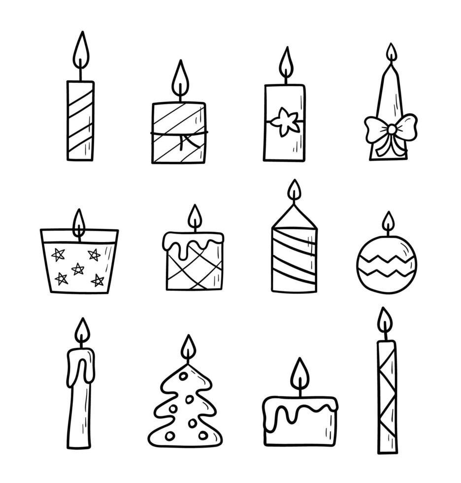 Candle hand drawn set. Doodle sketch. Vector linear burning candles on white background.