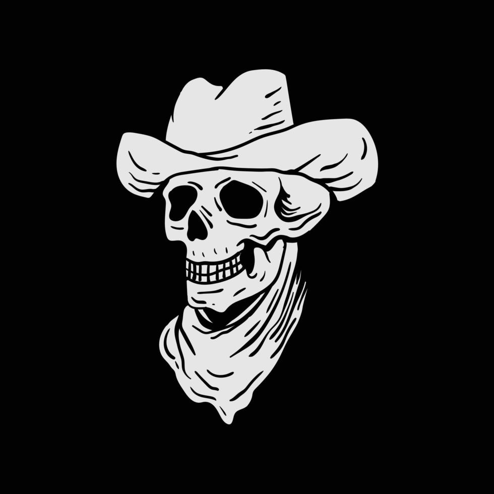 Ilustración en blanco y negro de vaquero de calavera impresa en camisetas, chaqueta y recuerdos premium vector