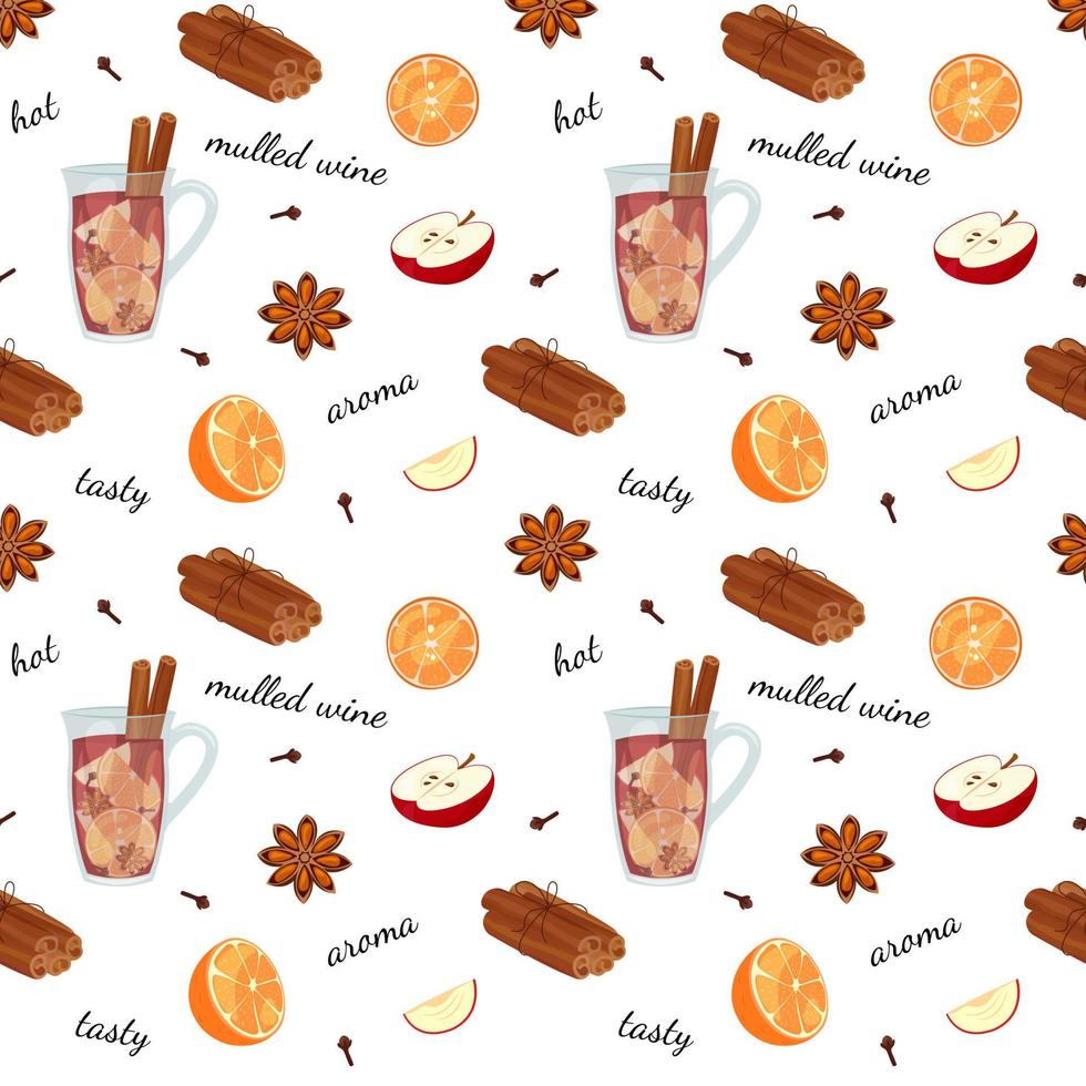 Mulled wine pattern. Seamless white food background with beverage ingredients. Vector illustration