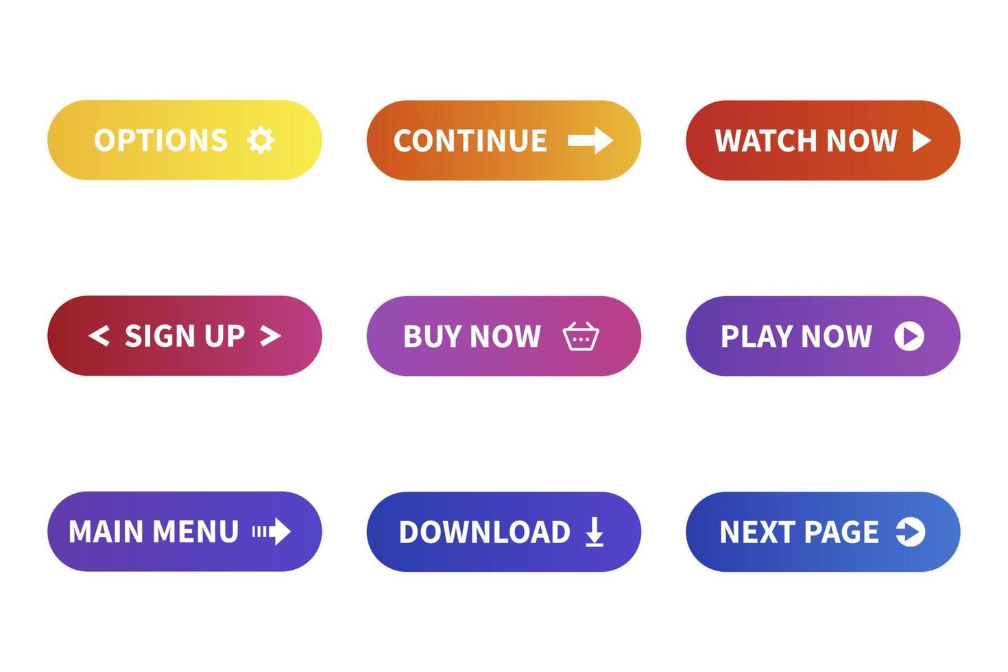 conjunto de botones de colores para el sitio web. diferentes colores e iconos degradados. vector