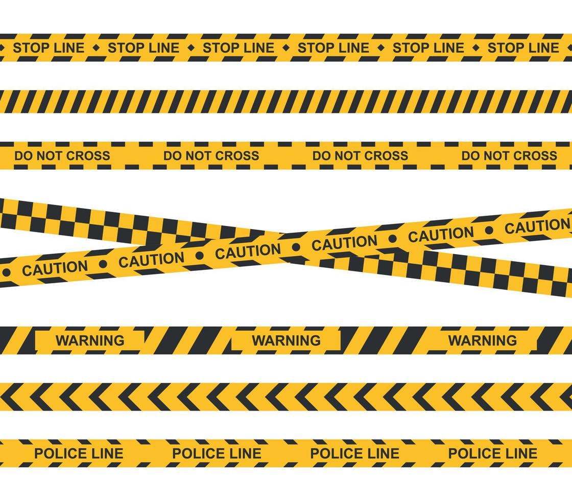 juego de cinta amarilla de precaución. cintas de advertencia de delitos. precaución, advertencia, alto, líneas policiales. vector