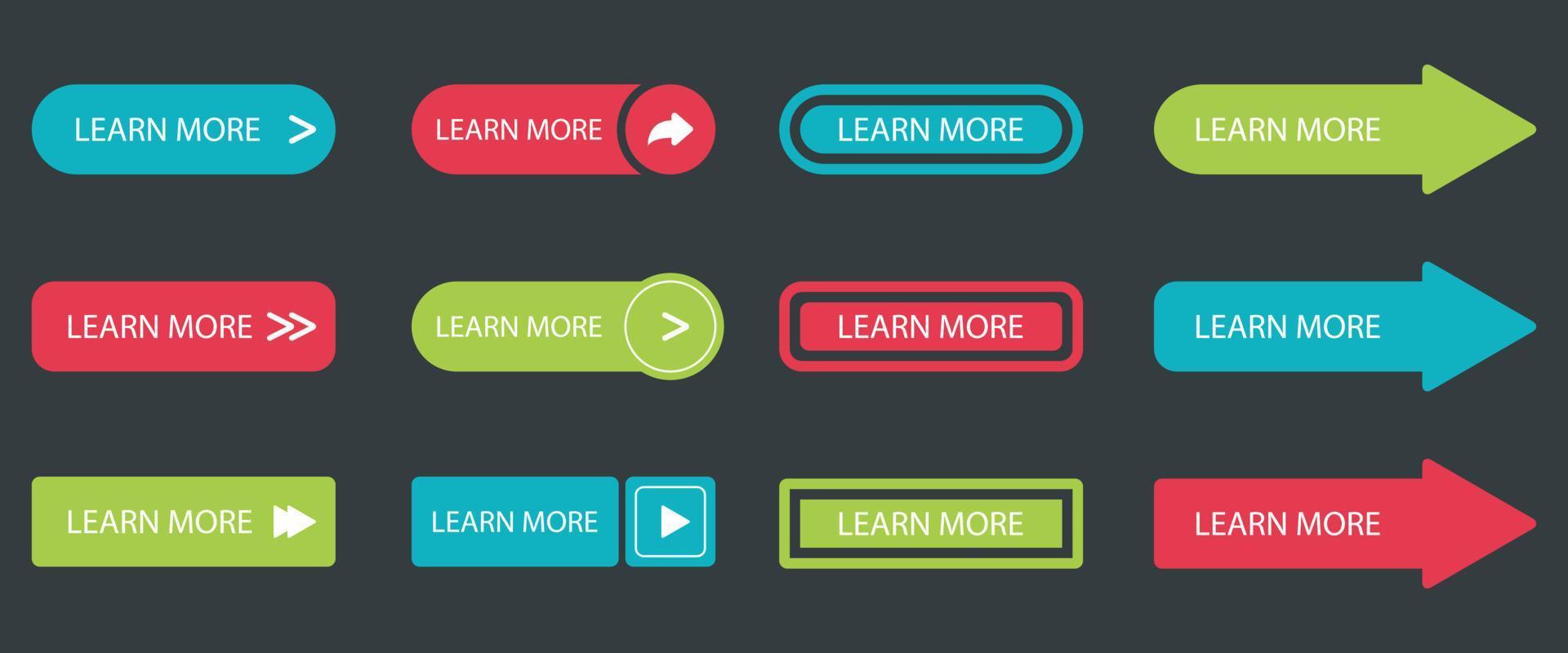Learn more colorful buttons set for website design. Arrow button in different colors. Vector