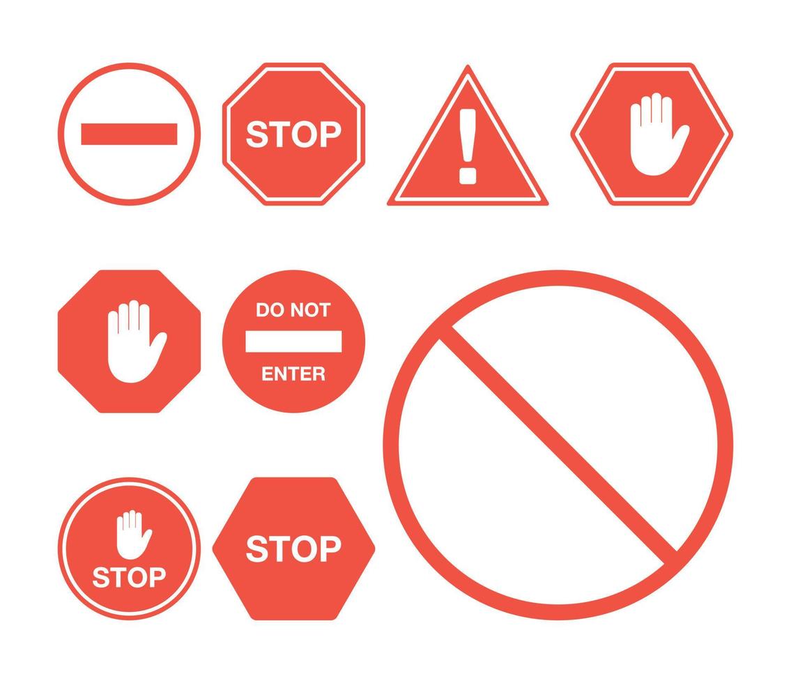 Red stop sign set on white background. Road danger sign. Vector