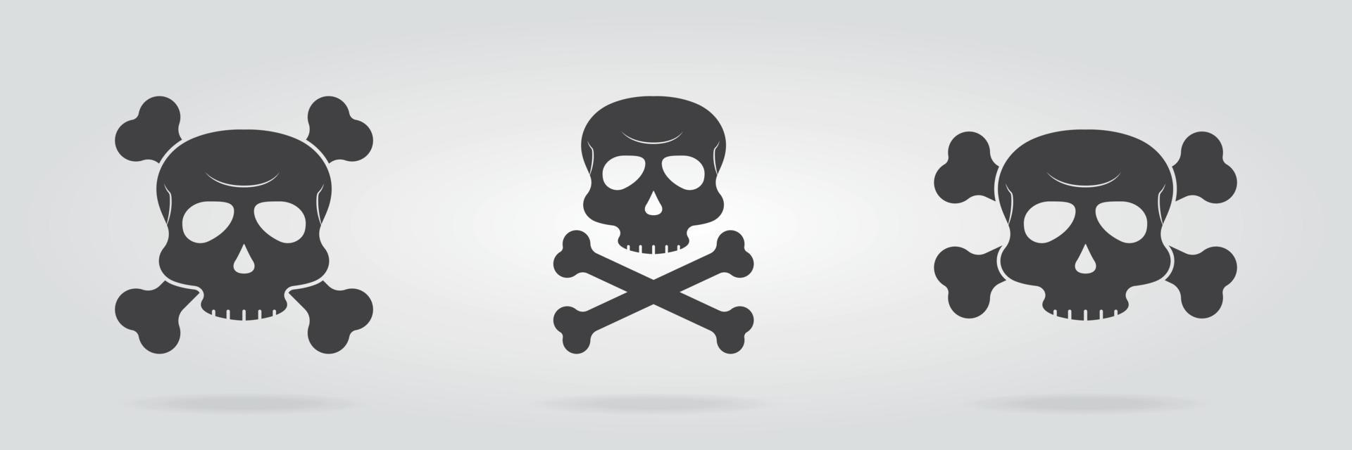 conjunto de icono de calavera con tibias cruzadas. símbolo de peligro del esqueleto sobre fondo gris. icono de hueso cruzado. vector