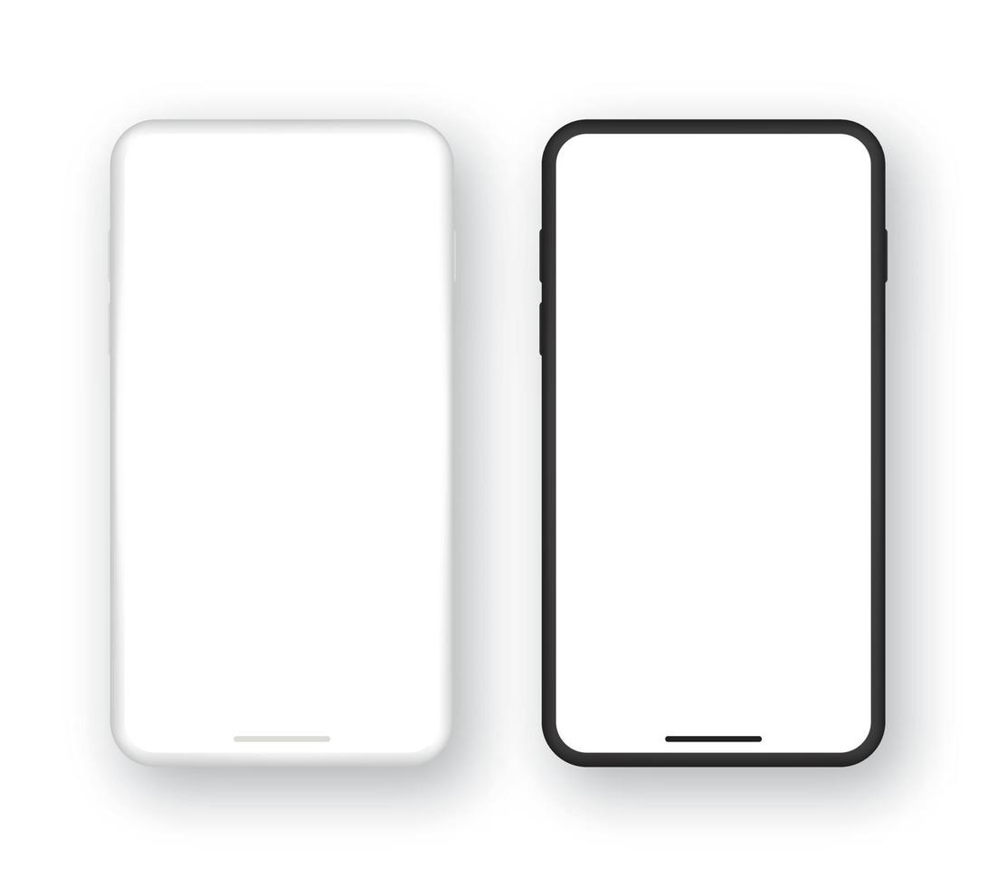 Realistic set of template black and white smartphone with blank screen. Mockup mobile phone with empty display. Vector