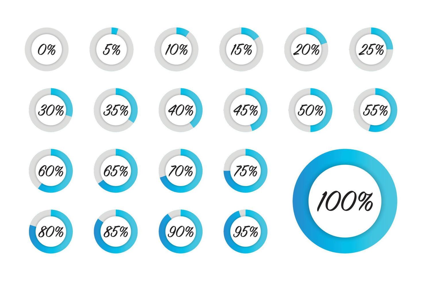 Set of blue circle percentage diagram. Progress or loading circle symbols. From 0 to 100. Gradient circle. Vector