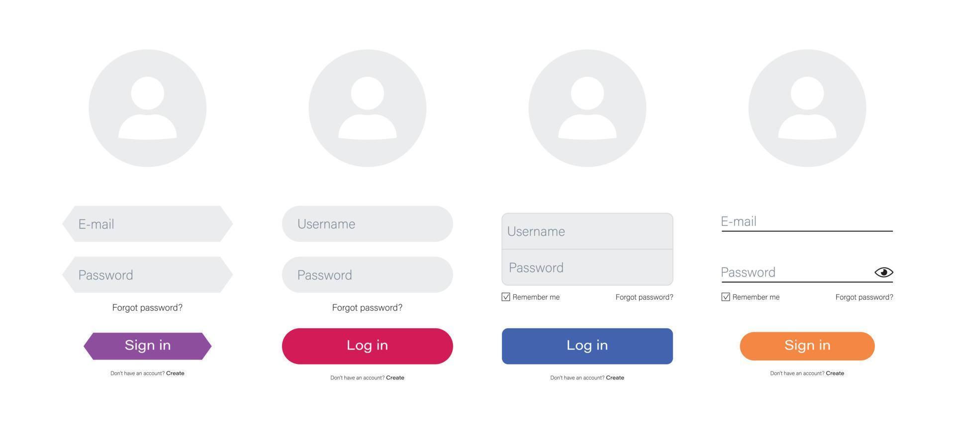 Simple login form page template in flat style for app and website. Various registration form page. Vector