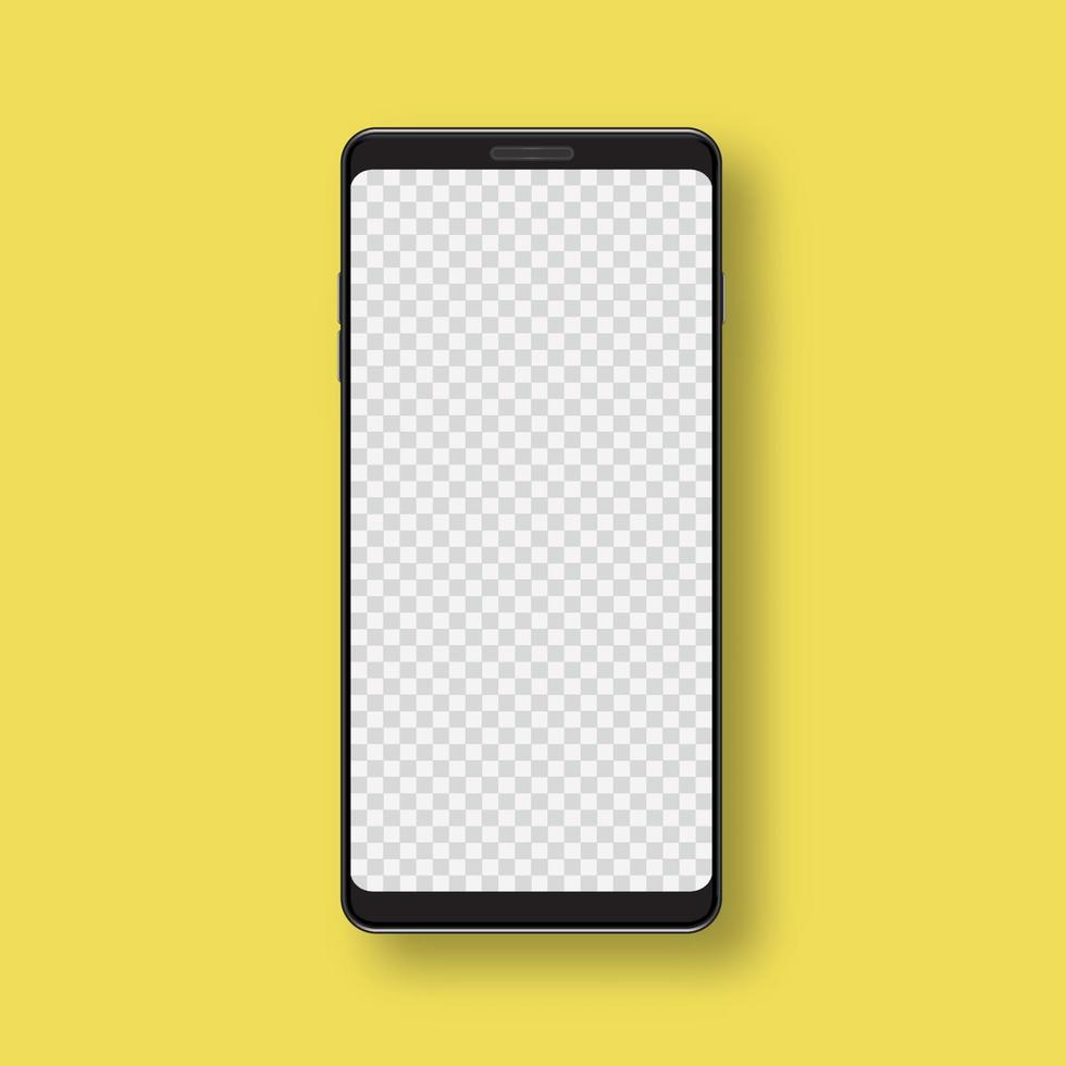 Realistic smartphone mockup on trendy yellow background. Mobile phone with transparent screen. Vector