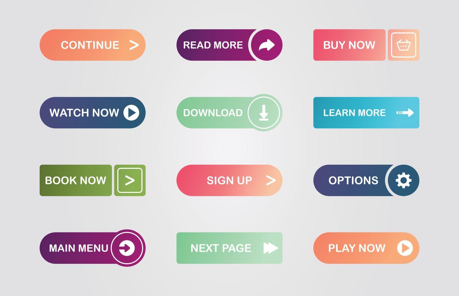 gran conjunto de botones para el diseño de sitios web sobre fondo gris. iconos web. diferentes colores de elementos y degradados. vector
