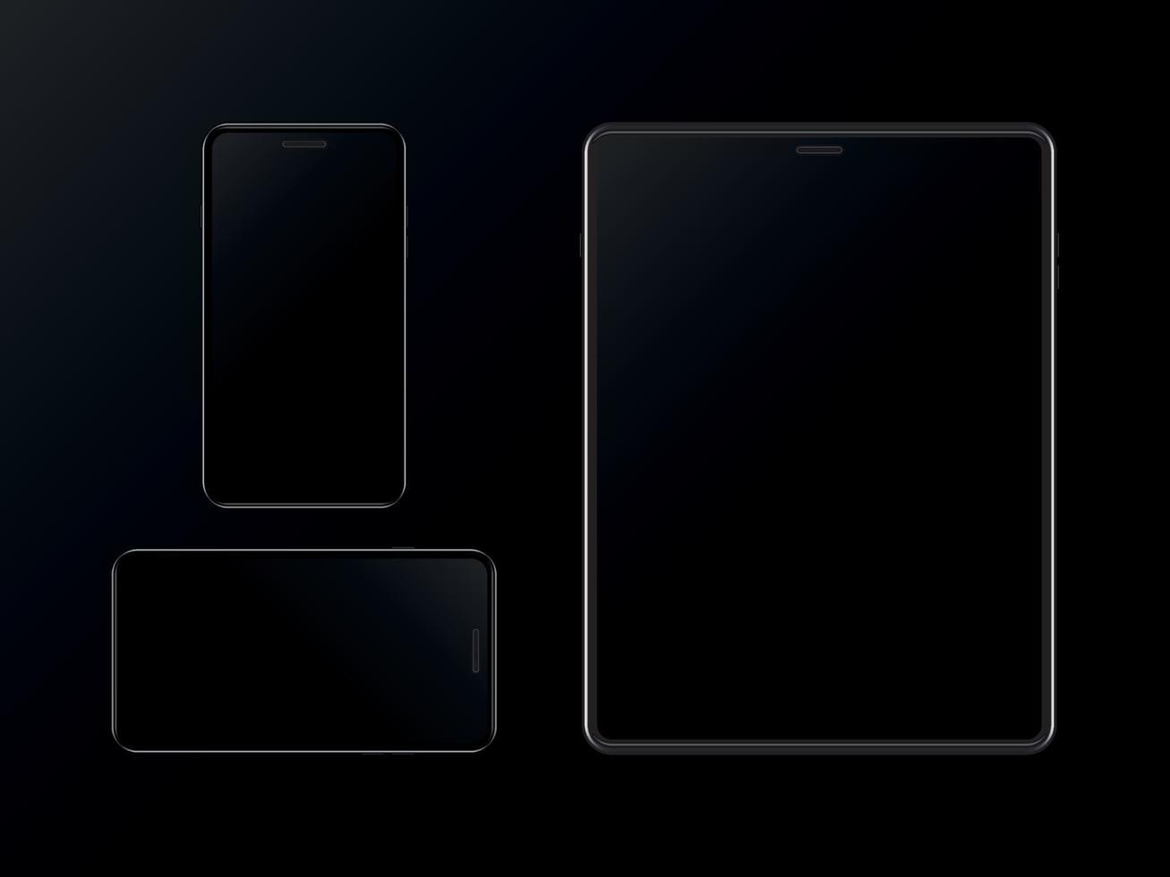 conjunto de teléfono inteligente y tableta negros sobre fondo negro. plantilla de diseño moderno de gadgets. maqueta de teléfono móvil y tableta. vector