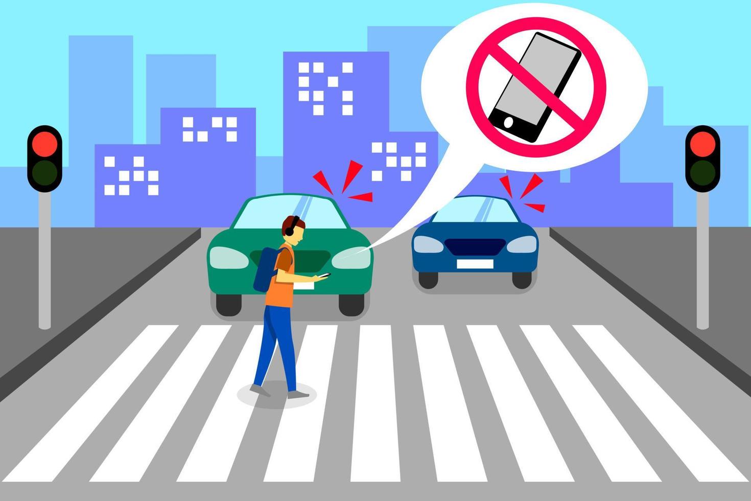 advertencia para un hombre está cruzando la carretera con el uso de un teléfono inteligente por diseño vectorial vector