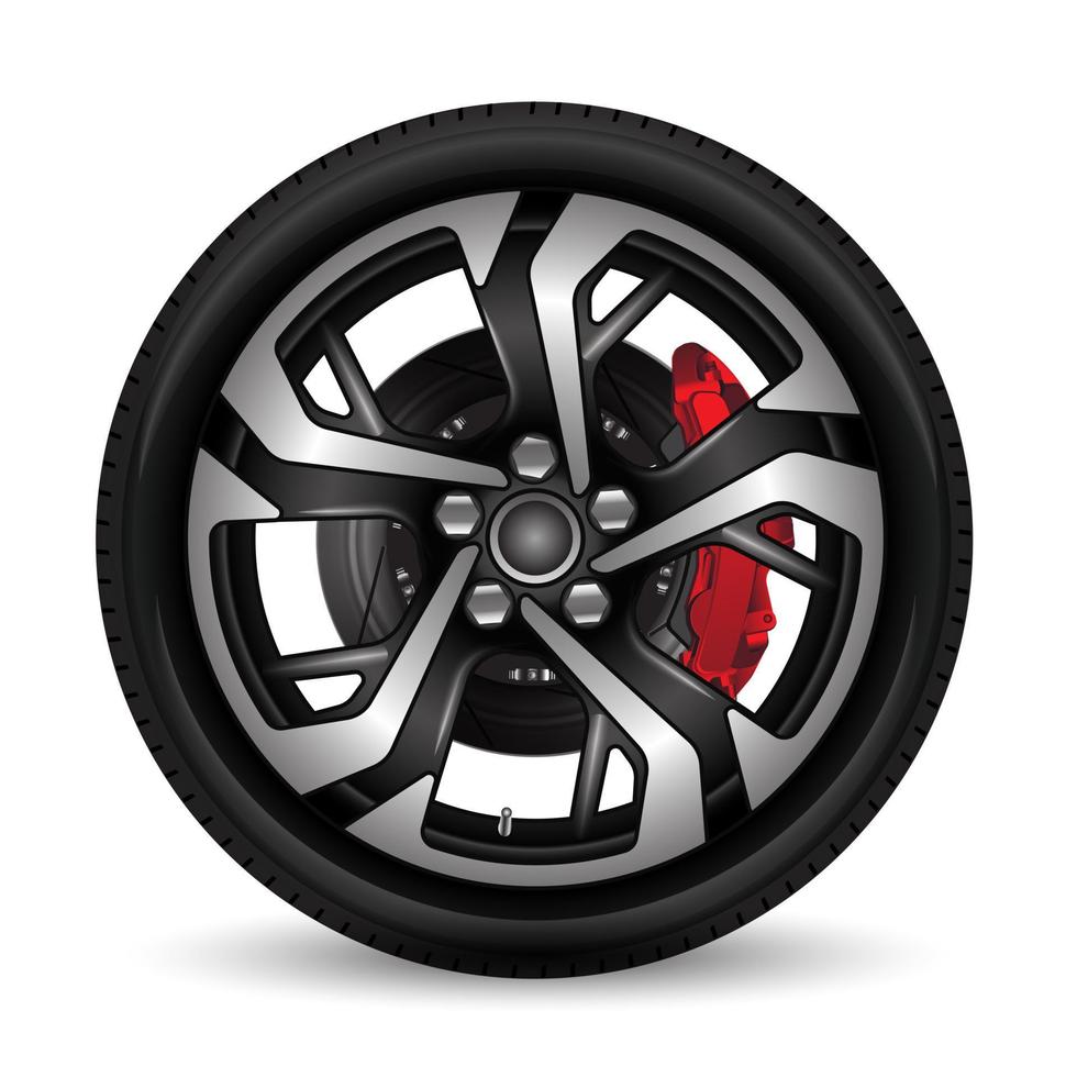 Aluminum wheel car tire style racing black grey disk break on white background vector