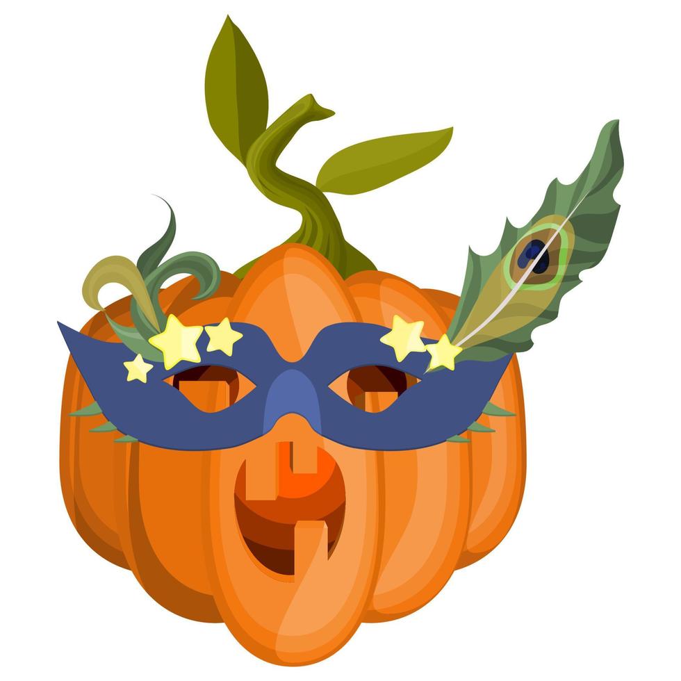 pumpkin in a masquerade mask with peacock feathers vector