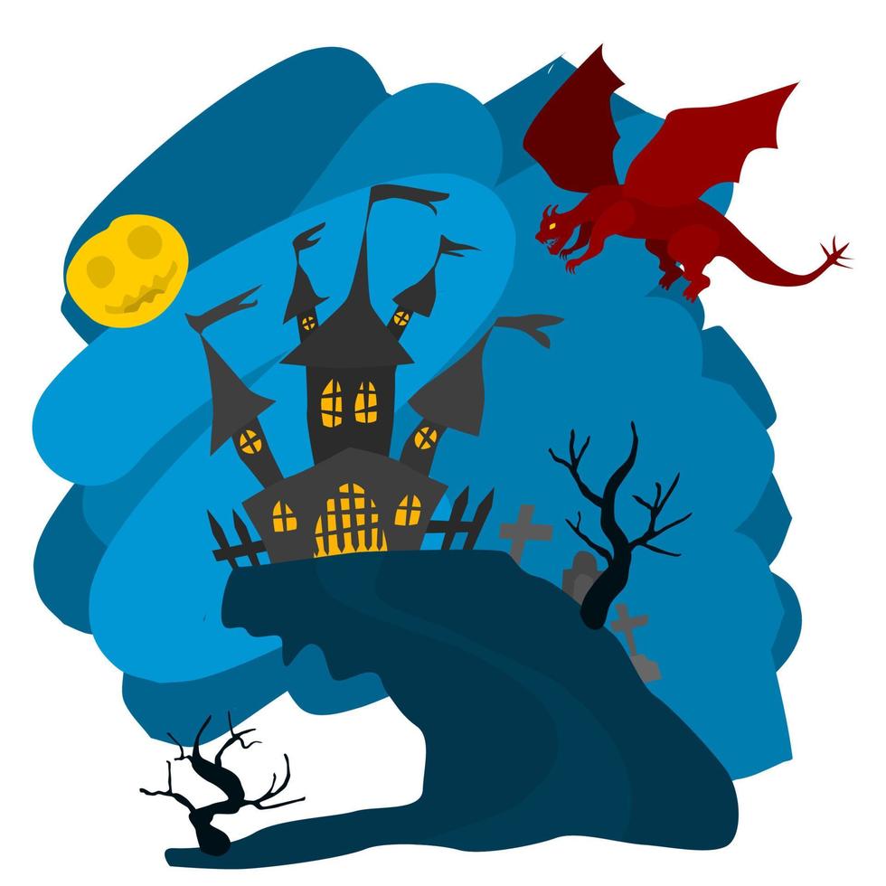ilustración brillante con dragón y castillo. vector
