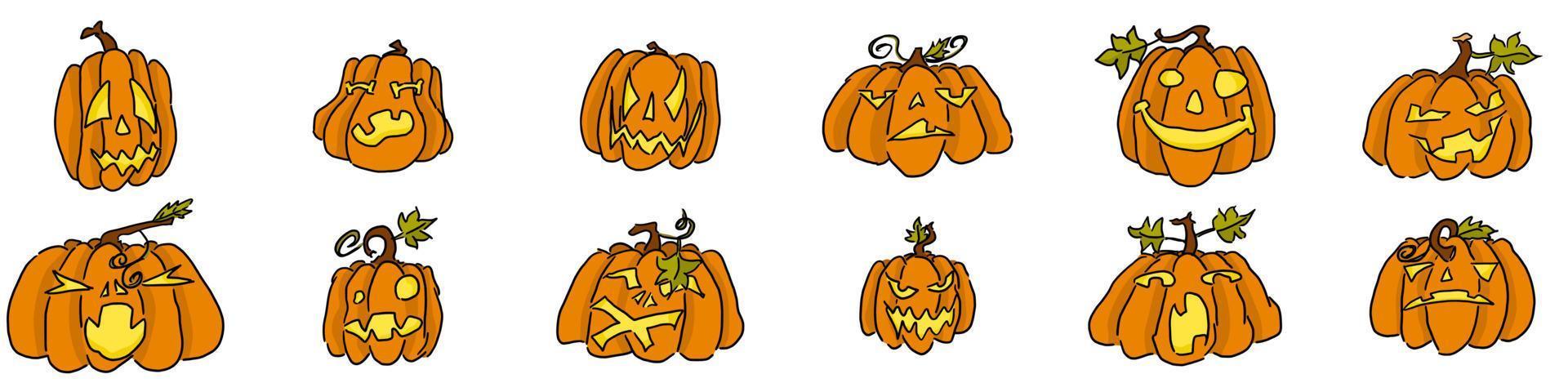 doodle pumpkins selection on white funny monsters vector