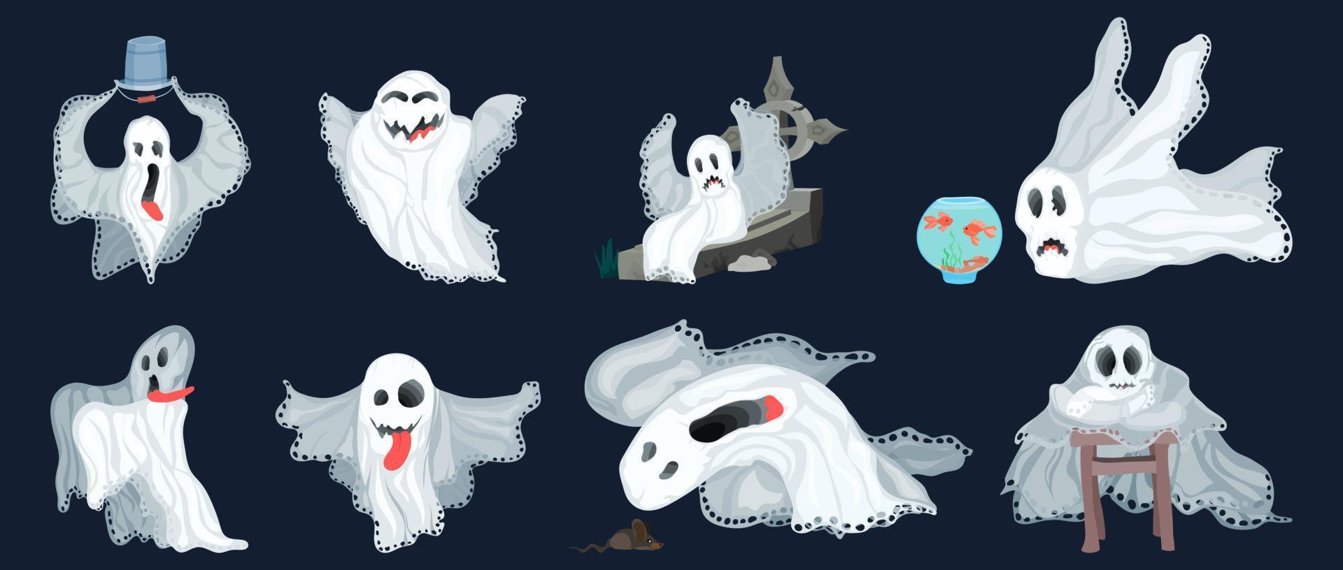 big set of ghosts in a flat style on a blue vector