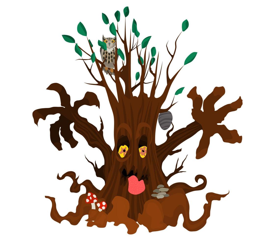 árbol malvado con búho y setas monstruo halloween vector