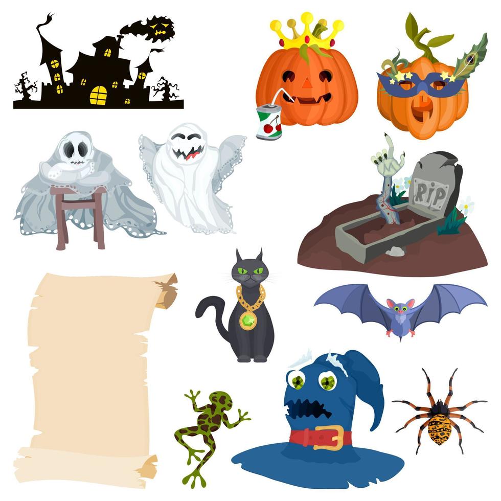 vacaciones de halloween personajes de dibujos animados y castillo vector