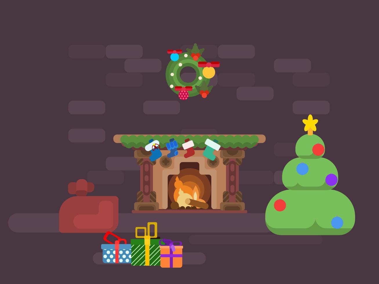 Fireplace and Christmas tree. Bright brown vector