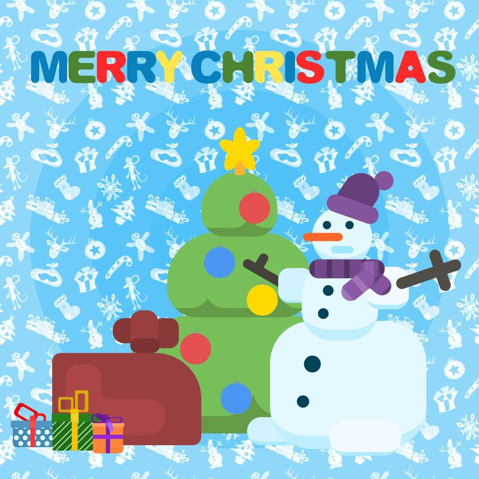 snowman in a hat near the Christmas tree.Christmas vector