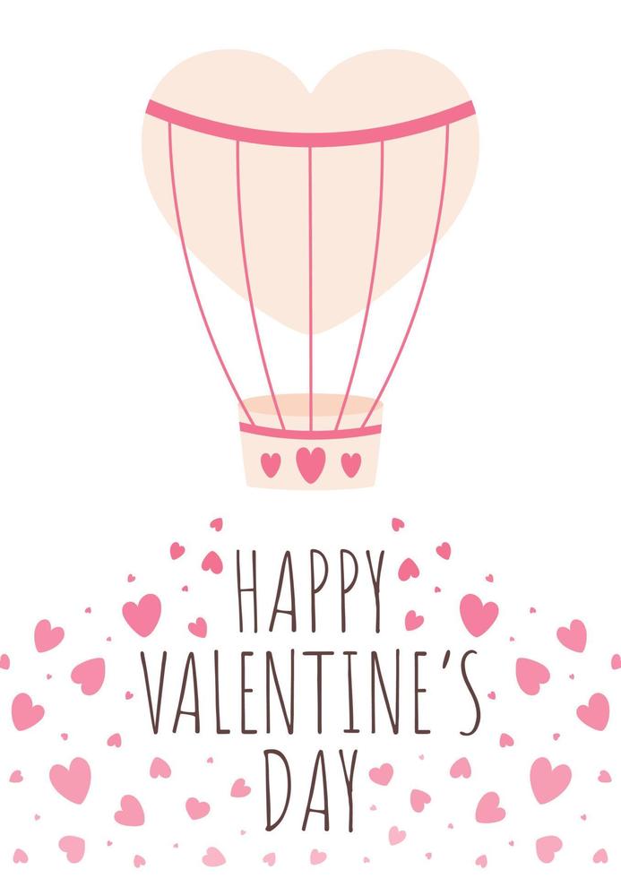 Tarjeta de felicitación festiva de San Valentín con globos y corazones. Feliz día de San Valentín. ilustración vectorial de lindo globo de aire con corazones. postal de san valentin. Fondo blanco. vector