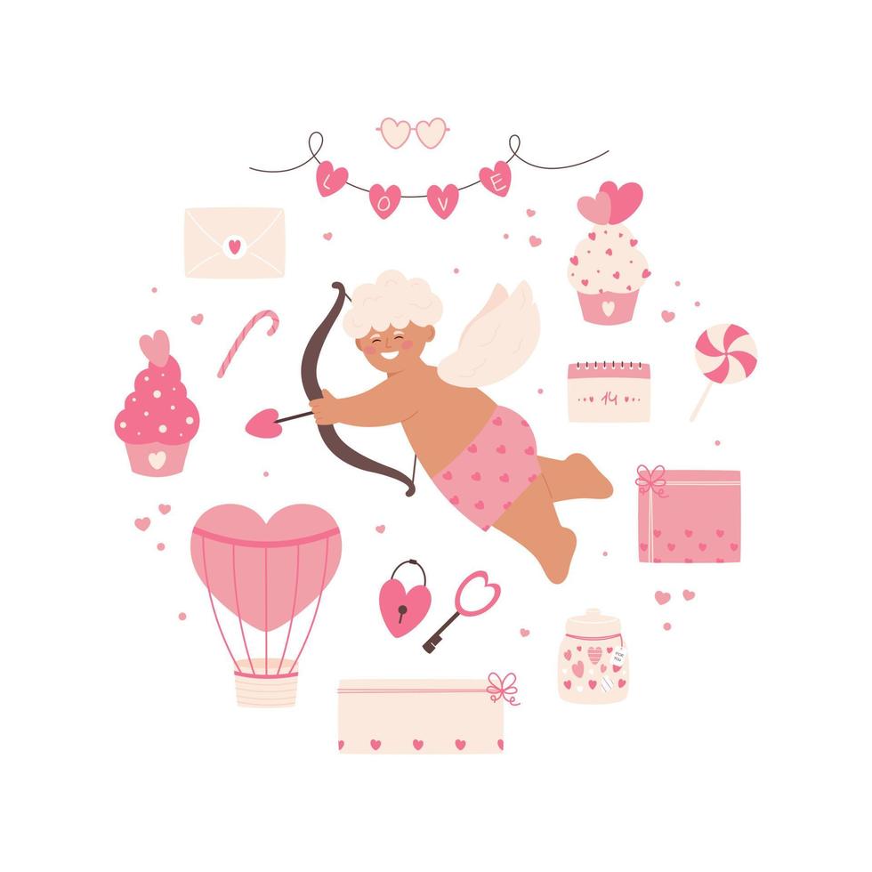 Valentine's Day set with cupid, gift boxes, cupcakes, air ballon, garland, candy, envelope and other elements on white background. Valentine's day, wedding and love concept. Isolated on white. vector