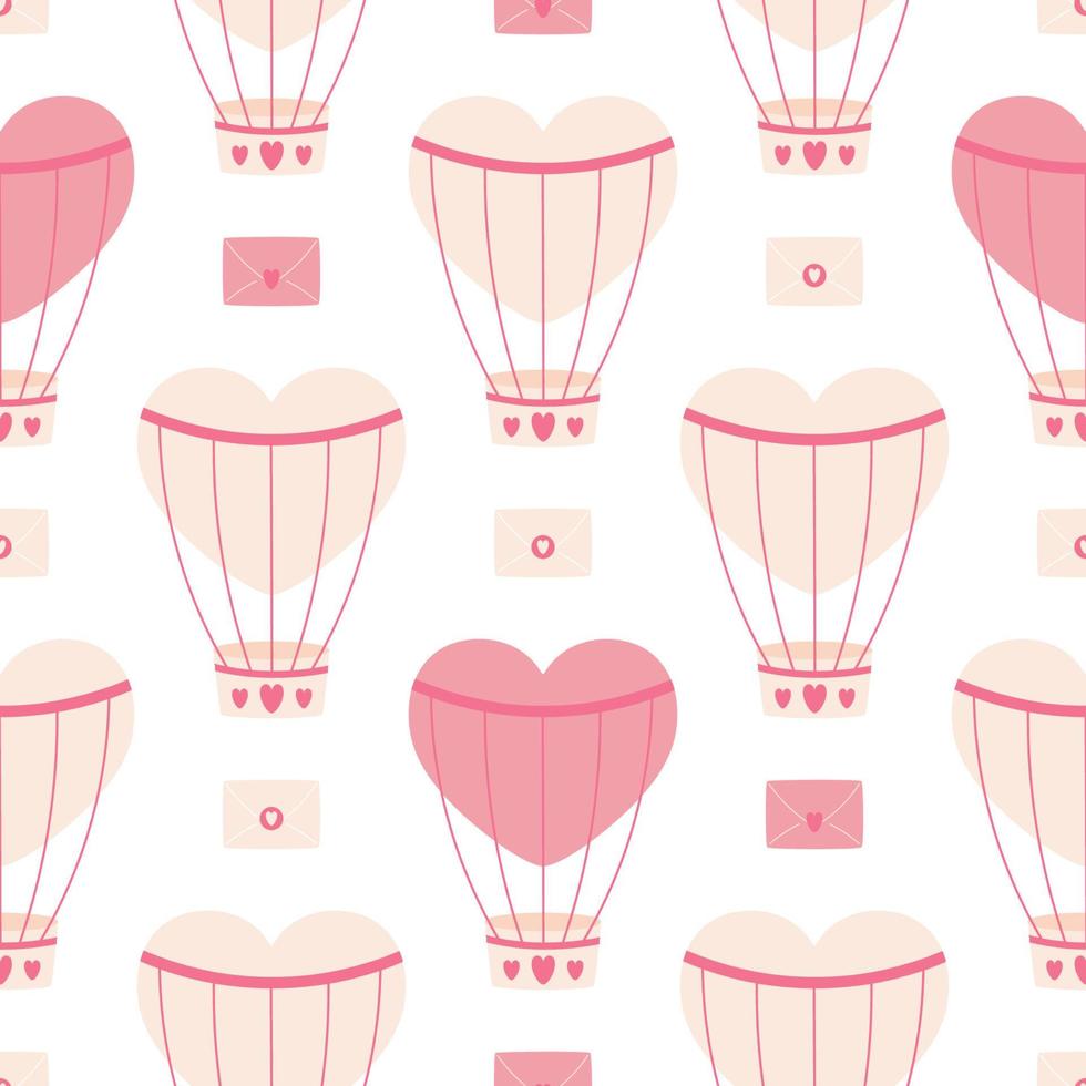 Seamless valentines pattern with pink air balloon and envelopes.Festive pattern for Valentine's Day. Happy Valentines Day.Pattern for wrapping paper, scrapbooking, wall paper, fabric. White background vector