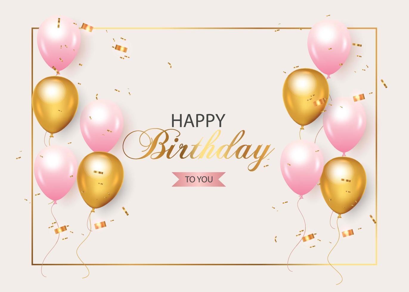 Fondo de cumpleaños con globos realistas de color rosa y dorado y confeti dorado. vector