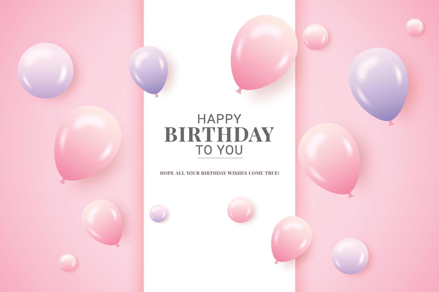 feliz cumpleaños con globos rosa púrpuras fondo rosa y texto de cumpleaños vector