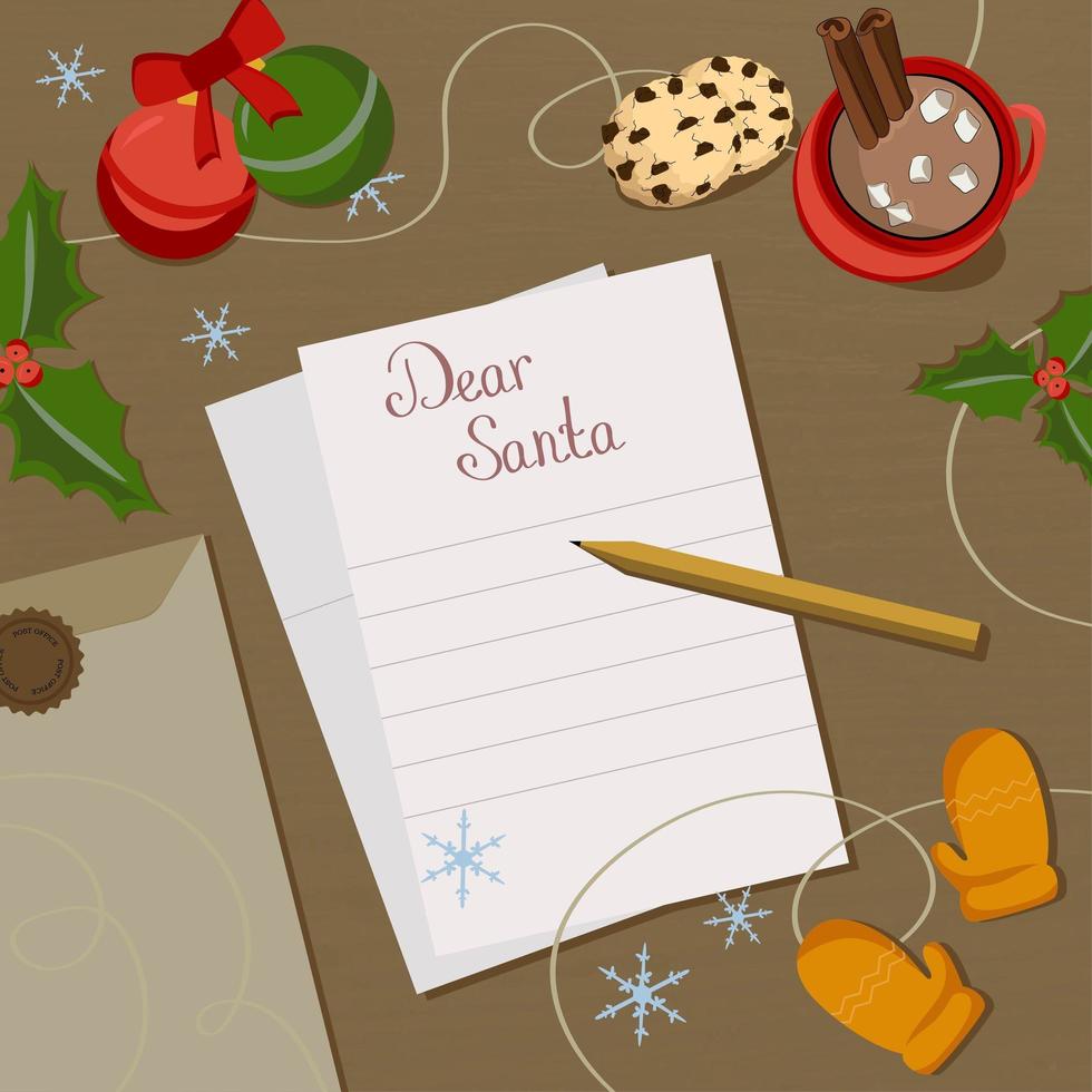 Wish list to Santa Claus.Letter with Envelope on Table Christmas Decorations,Cup of Coffee,Mittens,Packing Ribbons,Christmas Balls,Snowflakes vector