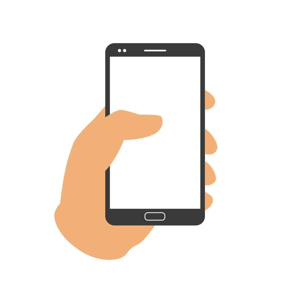 Hand holding smartphone with flat design style. Vector illustration