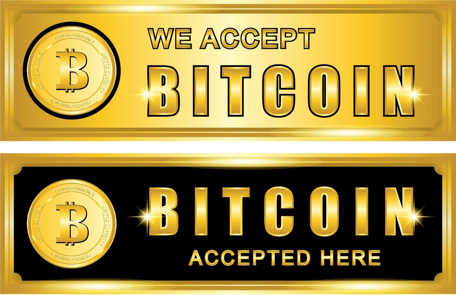 Emblema de signo aceptado de bitcoin con color negro y dorado vector