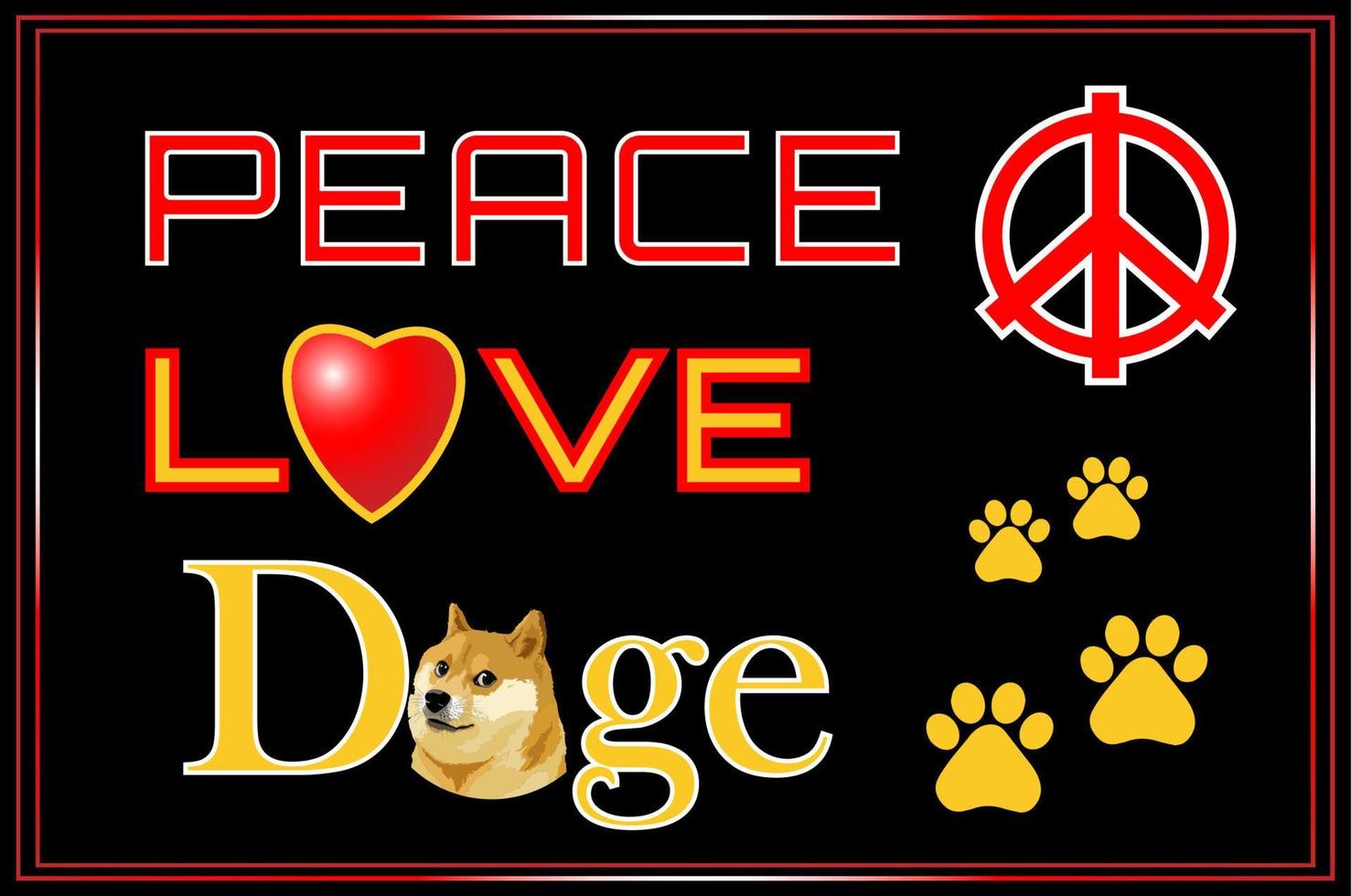 Peace, Love and dogs Icon design of peace, heart and dog symbols with red and gold color style