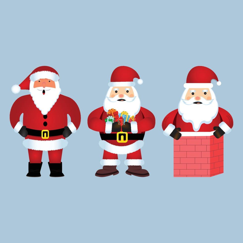 Navidad conjunto de diseño de vector de santa claus sobre un fondo azul claro oxidado. colección de diseño de elementos de santa claus con tantos regalos. Papá Noel intentando entrar a la casa por la chimenea.