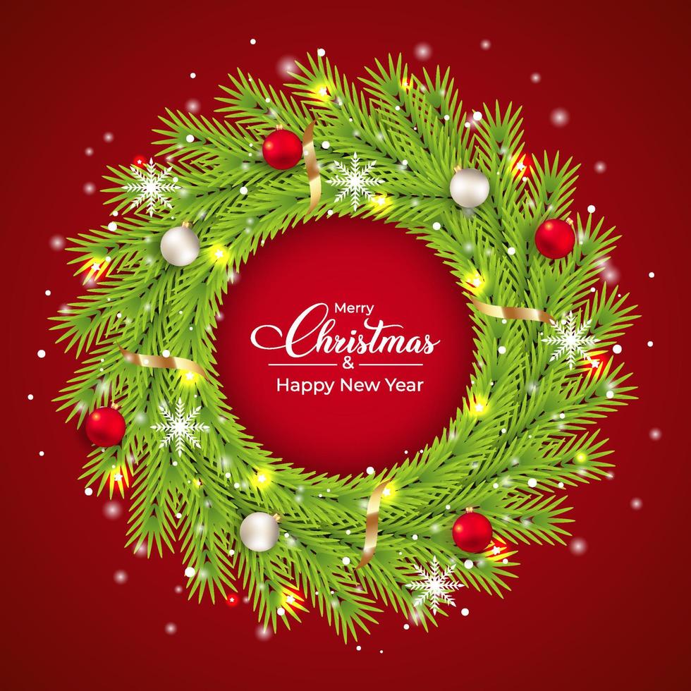 elementos de decoración de la puerta de Navidad con una lujosa corona verde con la bola de color rojo y blanco. Diseño de corona 3d con copo de nieve y cinta. diseño de corona 3d realista con caligrafía. vector