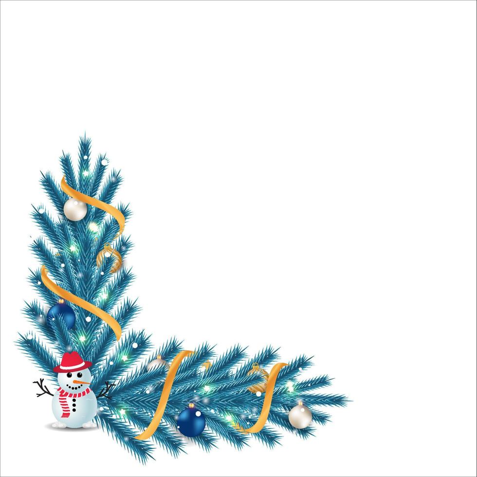 esquina navideña con hojas azules, lindo muñeco de nieve. esquina de Navidad con cinta dorada, bolas de decoración. esquina navideña, elemento navideño, hojas azules, luz de estrella, muñeco de nieve, bola decorativa, cinta dorada vector