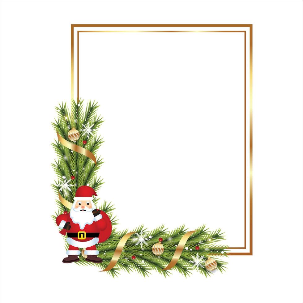 Christmas realistic frame Santa pine leaves, snowflakes, golden ball. Xmas golden frame with ribbon. Merry Christmas decoration element with red berries, lights, golden ribbon. Christmas elements. vector