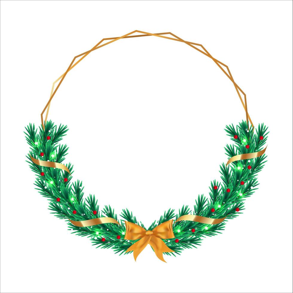 Xmas frame with green leaves and a golden ribbon. Christmas frame with red berries and snowflakes. Christmas golden ribbon, Xmas frame, green pine leaves, snowflakes, golden ribbons, holly berries. vector